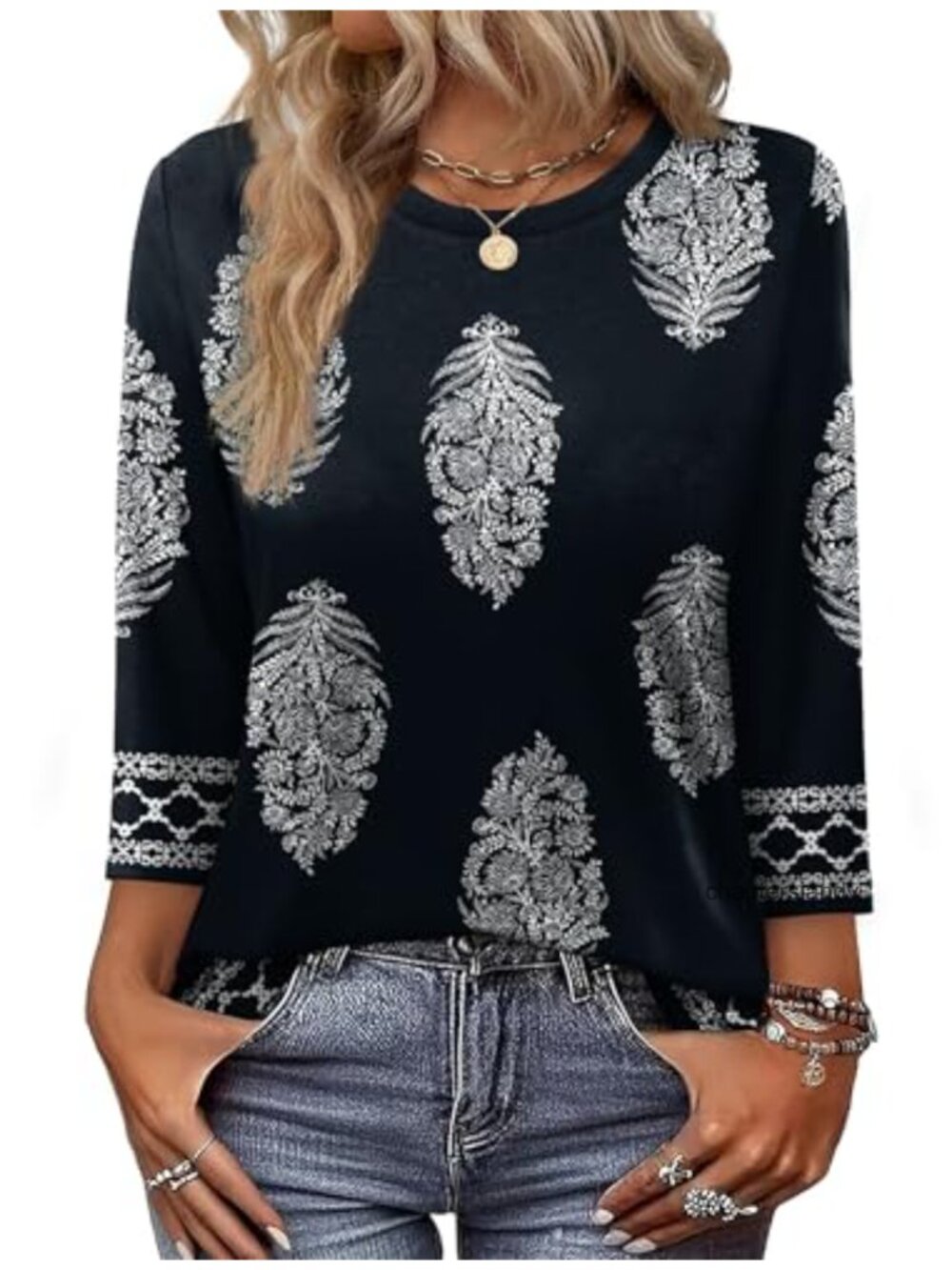 Women's 3/4 Sleeve T-Shirt Loose Fit Crew Neck Dressy Casual Polyester Spandex